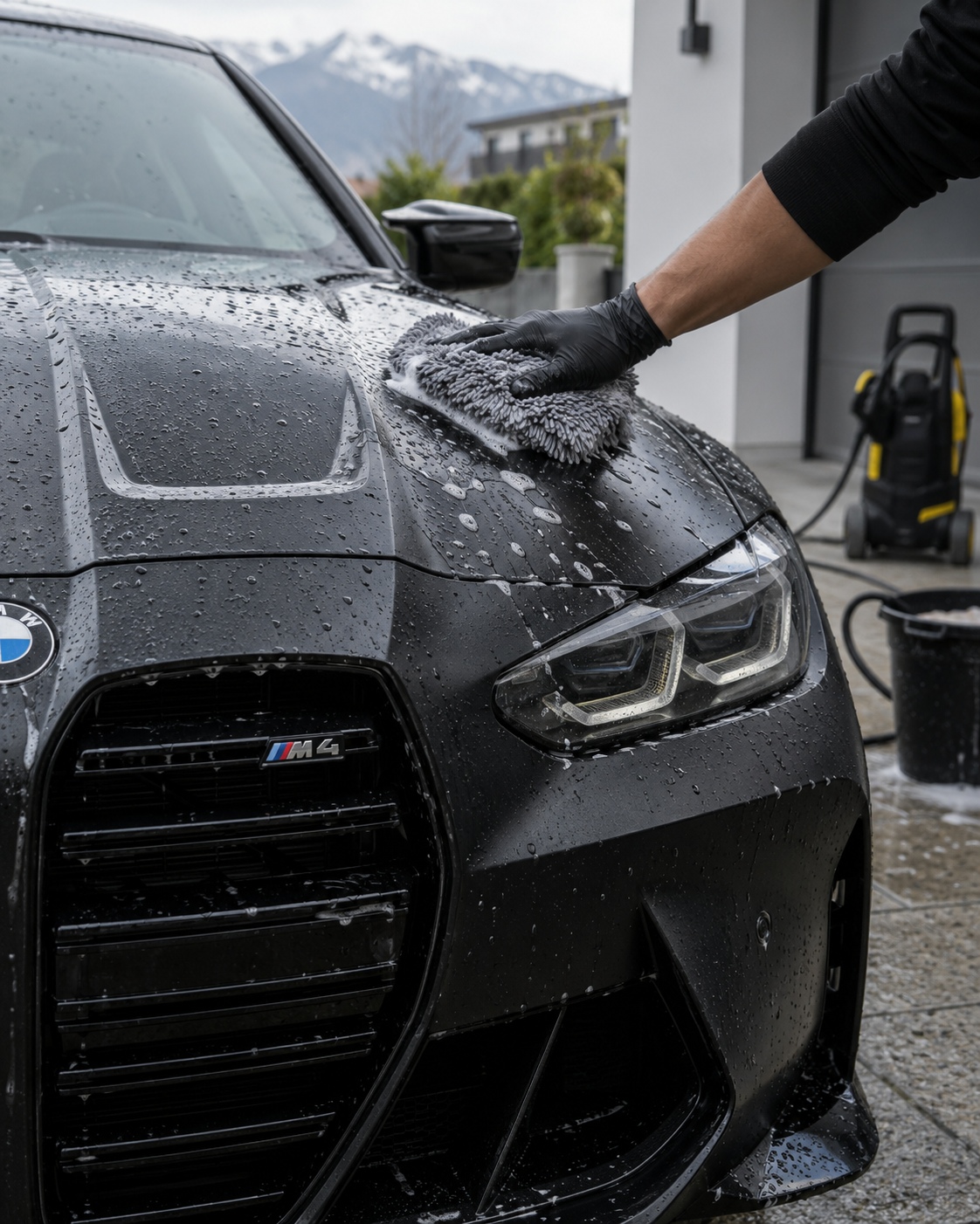 Handwäsche eines mattschwarzen BMW M4